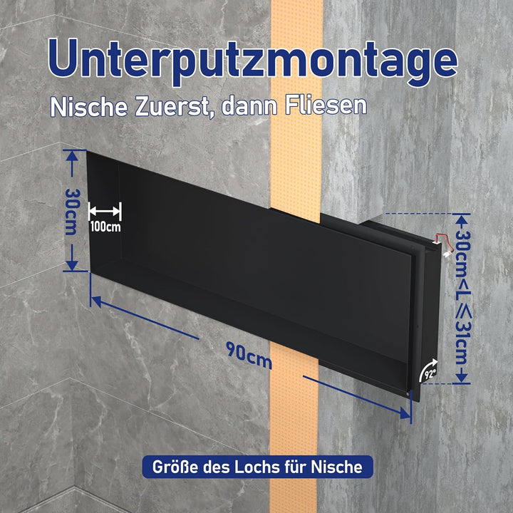 Wandnische Dusche Edelstahl, wasserdichte Nische mit LED-Licht, Eingebettete Duschnische 90x30x10cm,
