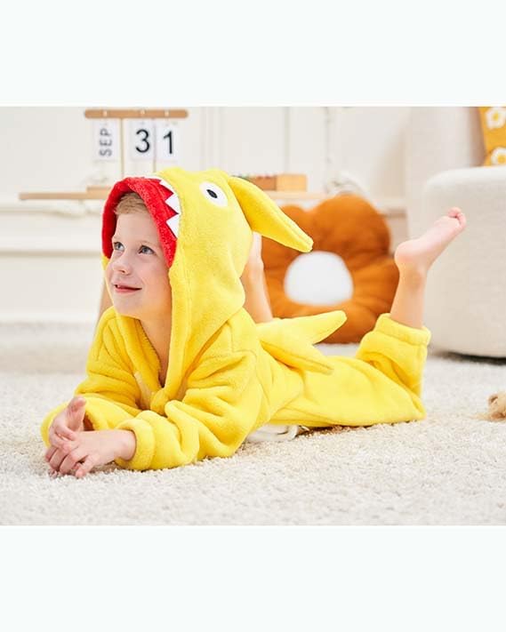 LOLANTA Kinder Hai Kostüm, Jungen Tier Flanell Strampler Overall mit Kapuze 4-6 Jahre Gelb, 4-6 Jahr