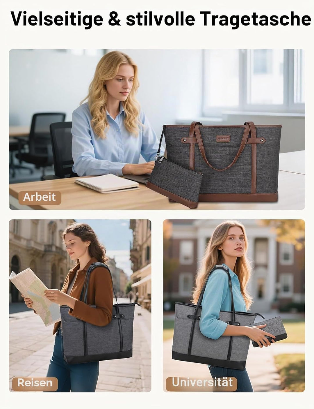 RAVUO Laptoptasche Damen, Wasserdichte Handtasche Elegant Lehrertasche Gross Aktentasche 15.6 zoll L