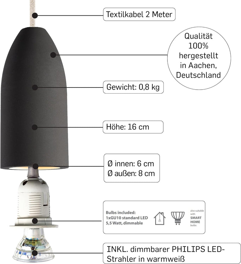 Buchenbusch urban design 3er Betonlampe dark edition, Industrial Lampe mit Textilkabel Kiesel, Beton