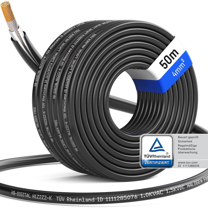 hb-digital 50m Solarkabel 4mm² H1Z2Z2-K TÜV Rheinland geprüft UV-beständig flexibel PV Kabel Reines