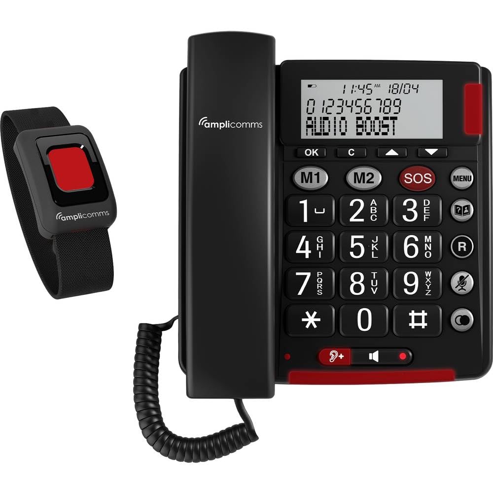 Amplicomms BigTel 50 Alarm Plus, schnurgebundenes Grosstasten-Telefon, mit SOS Taste und Notfallarmb