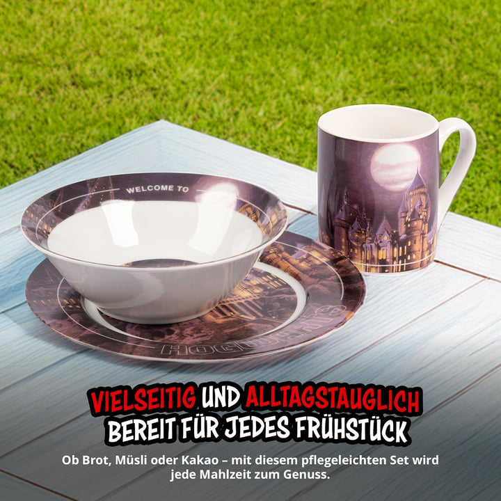 United Labels Harry Potter Frühstücksset Kinder, mit Hogwarts Motiv, Geschirr Set Porzellan, 3-teili