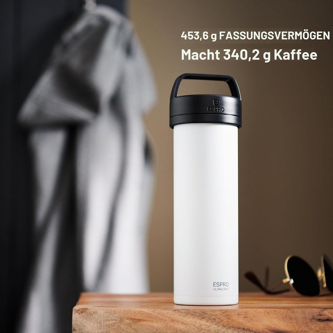 ESPRO P0 Ultralight French Press to go, Edelstahl, 470 ml, Weiss | Vakuumisoliert, auslaufsicher. Fr