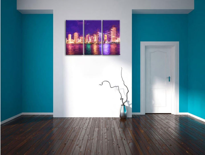 Pixxprint Schöne Nacht-Szene Skyline von Miami Florida Kunst Pinsel Effekt 3-Teiler Leinwandbild 120