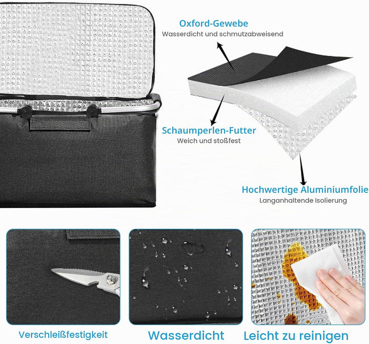18L Einkaufskorb Faltbar, Einkaufskorb mit Kühlfunktion, mit Deckel, Korb Einkaufen, Kühlkorb Klappb