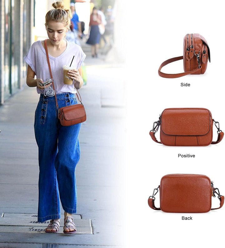 HAWEE Damen Handy Umhängetasche Echtes Leder Crossbody Schultertasche mit 3 Reissverschlüsse Kleine