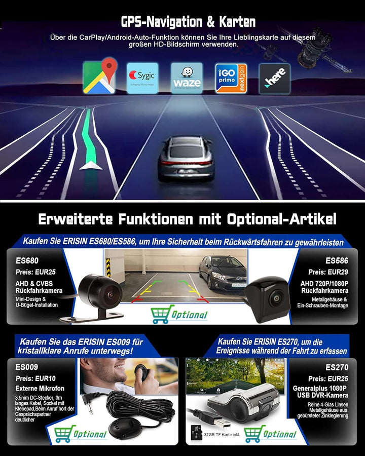 Erisin 8-Kern 4GB+64GB Android 14 Autoradio Bluetooth GPS Navi für VW T5 Multivan Touareg Wireless C