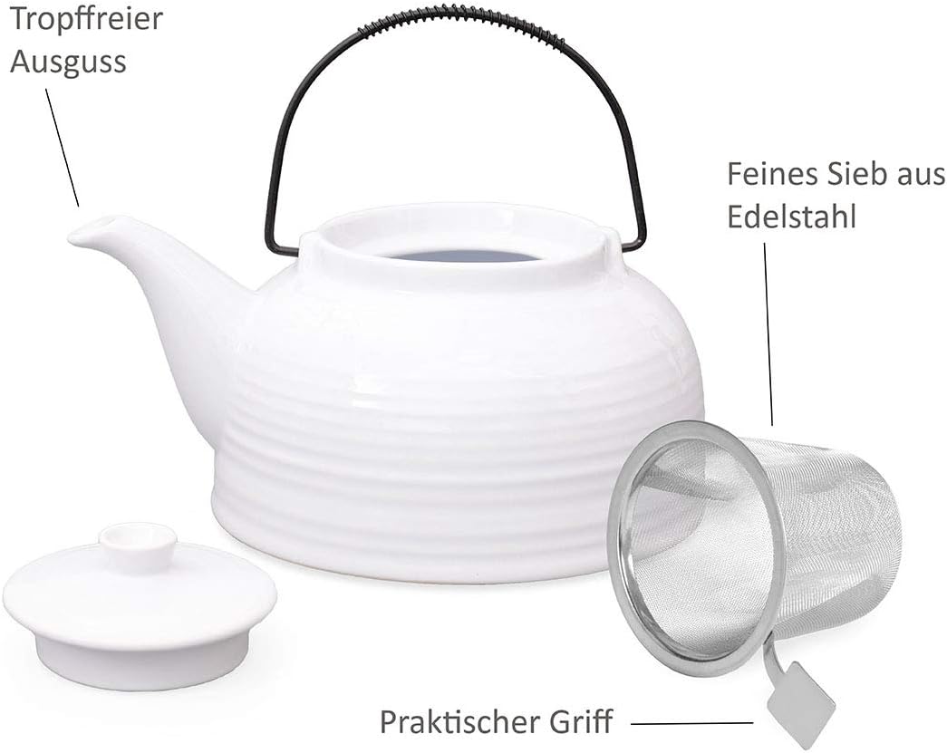 Nelly Aricola Teekanne Moderne Teekanne 1,5 Liter in weiss/weiss aus hitzebeständiger Keramik mit Ed