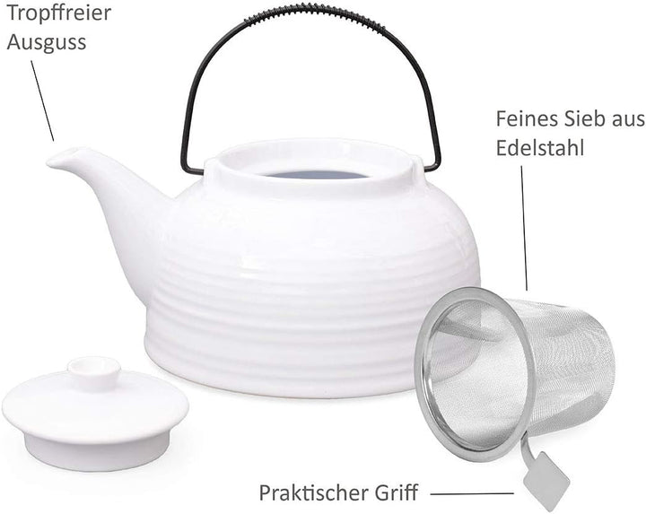 Nelly Aricola Teekanne Moderne Teekanne 1,5 Liter in weiss/weiss aus hitzebeständiger Keramik mit Ed
