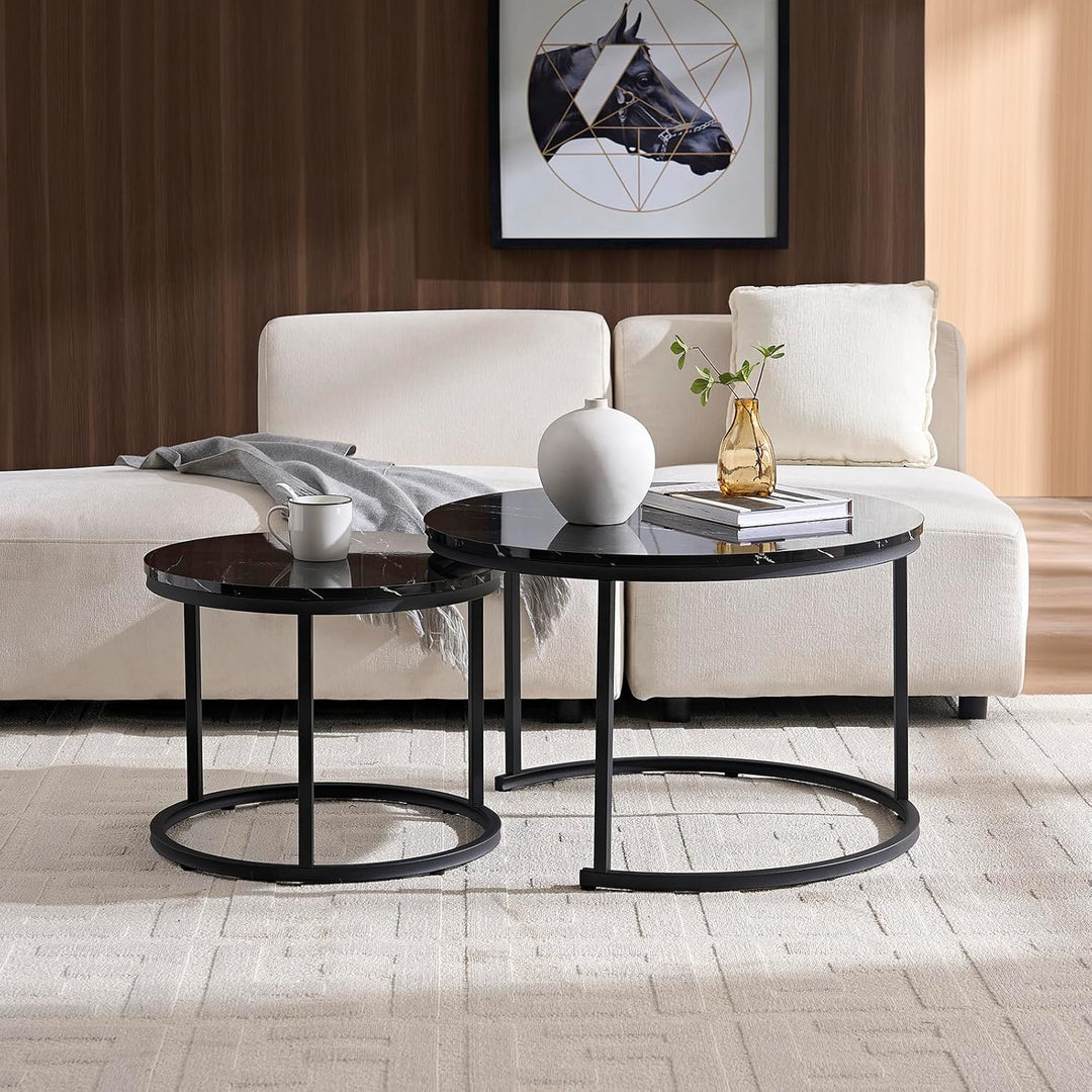 Home Heaven® Couchtisch Rund Schwarz Marmor 2er Set – Runder Wohnzimmertische in Marmor Optik Ø70cm