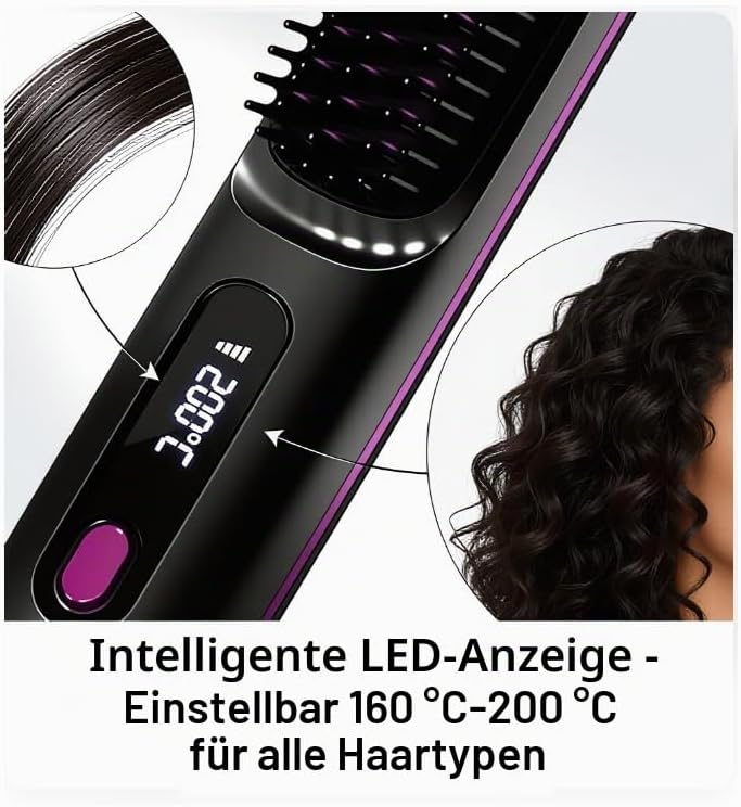 Stylingbürste für kurze Haare Elektrisch, 3-in-1 Kabelloser Haarglätter mit LED Display &amp; Keramiksch