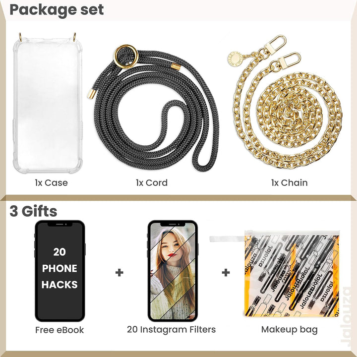 Jalouza Handykette, Kordel &amp; Hülle Bundle kompatibel mit iPhone 12 Pro Max - Ankerkette in Gold und