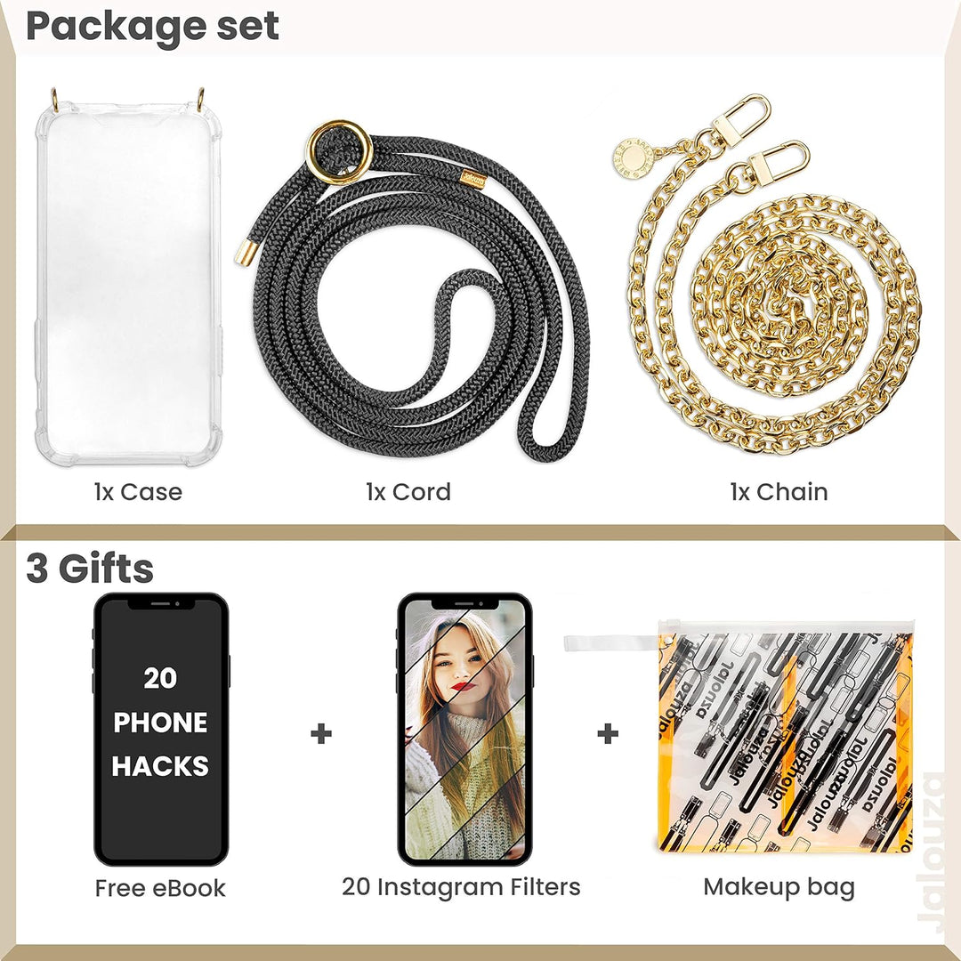 Jalouza Handykette, Kordel &amp; Hülle Bundle kompatibel mit iPhone 12 &amp; 12 Pro - Ankerkette in Gold und