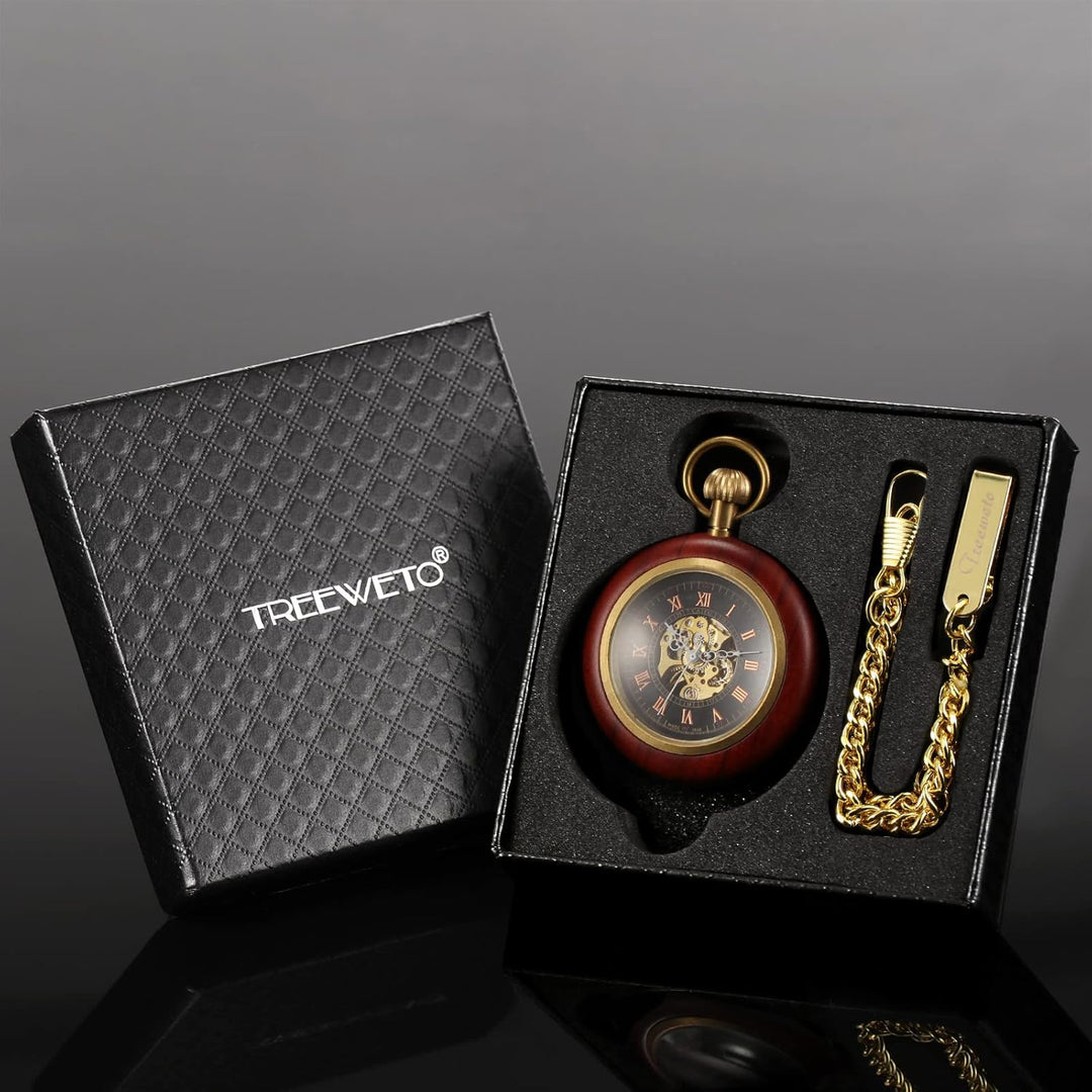 TREEWETO Unisex Holz Taschenuhr mit Kette Analog Handaufzug Skelett Römische Ziffern