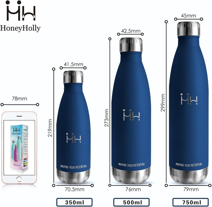 HoneyHolly Trinkflasche Edelstahl, Trinkflaschen Kinder, 500ML BPA-frei, Thermosflasche, Wasserflasc