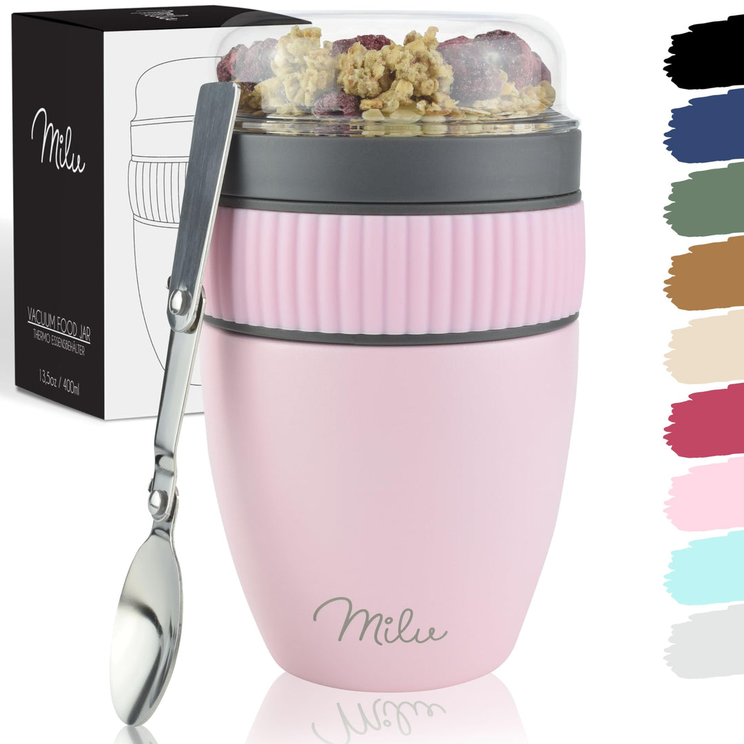 Milu Müslibecher to go 400ml I isolierter Edelstahl Joghurtbecher für Müsli I auslaufsicherer Becher