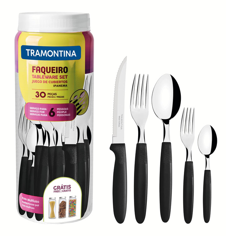 Tramontina Ipanema Besteckset für 6 Personen, Menübesteck 30-teilig, Edelstahl, Griff schwarz, Schwa