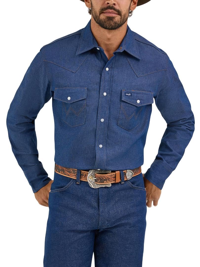 Wrangler Men's Authentic Cowboy Cut Work Western Long-Sleeve Firm Finish Shirt S Indigo, S Indigo
