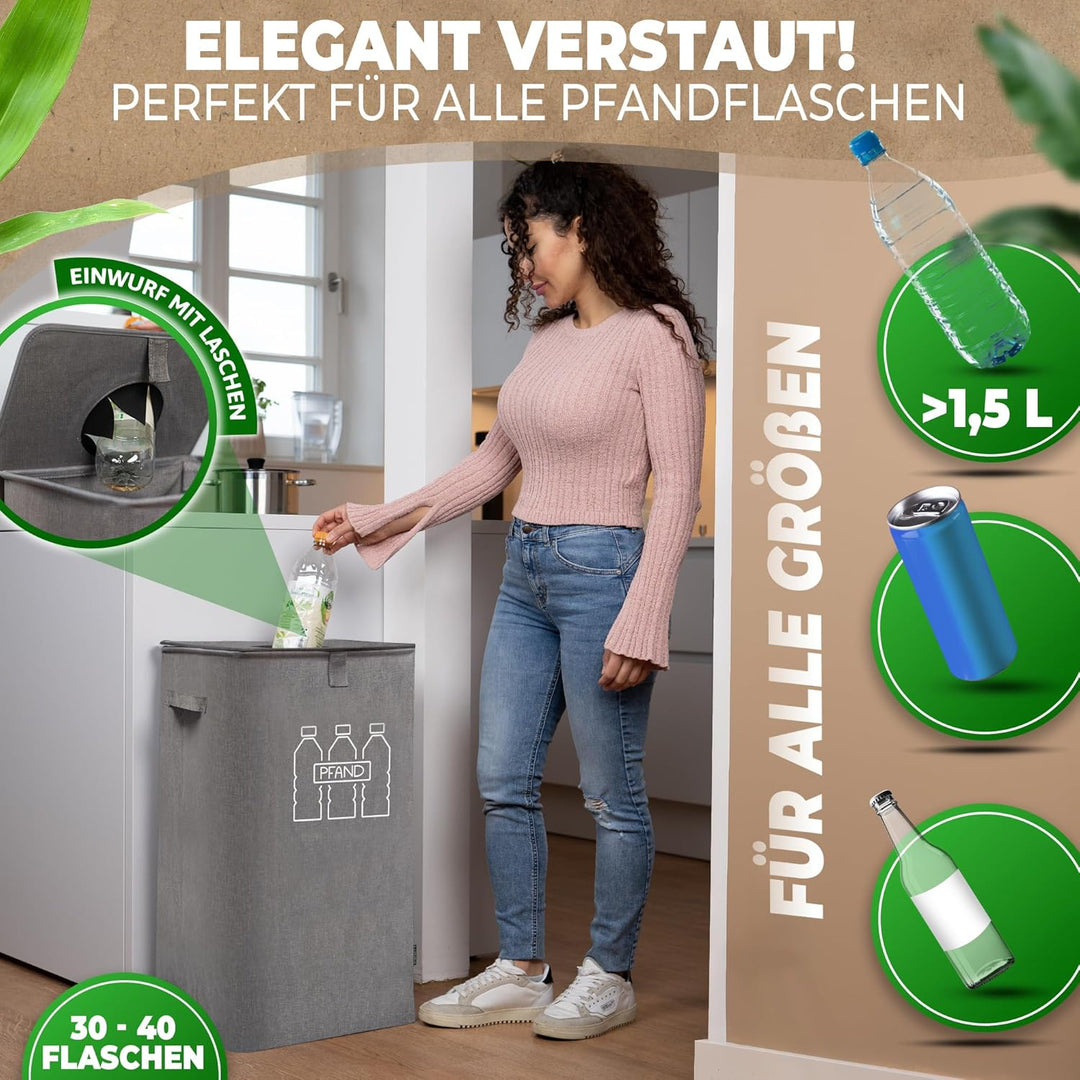 COTTARA® Pfandflaschen Sammelbehälter xxl mit Deckel und Tragetasche | Pfandbehälter mit Loch | Idea