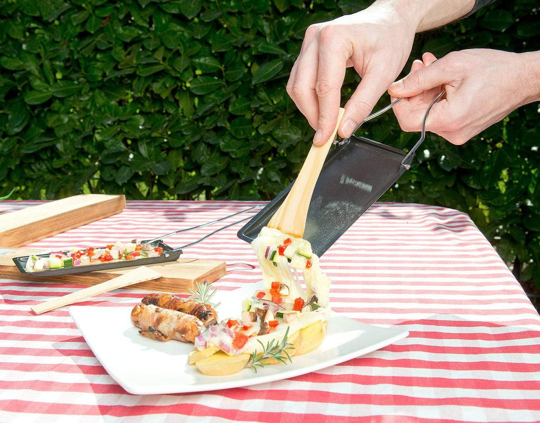 Rosenstein & Söhne Raclette Pfännchen: 6er-Set Grill-Pfännchen mit klappbarem Griff, spülmaschinenfe