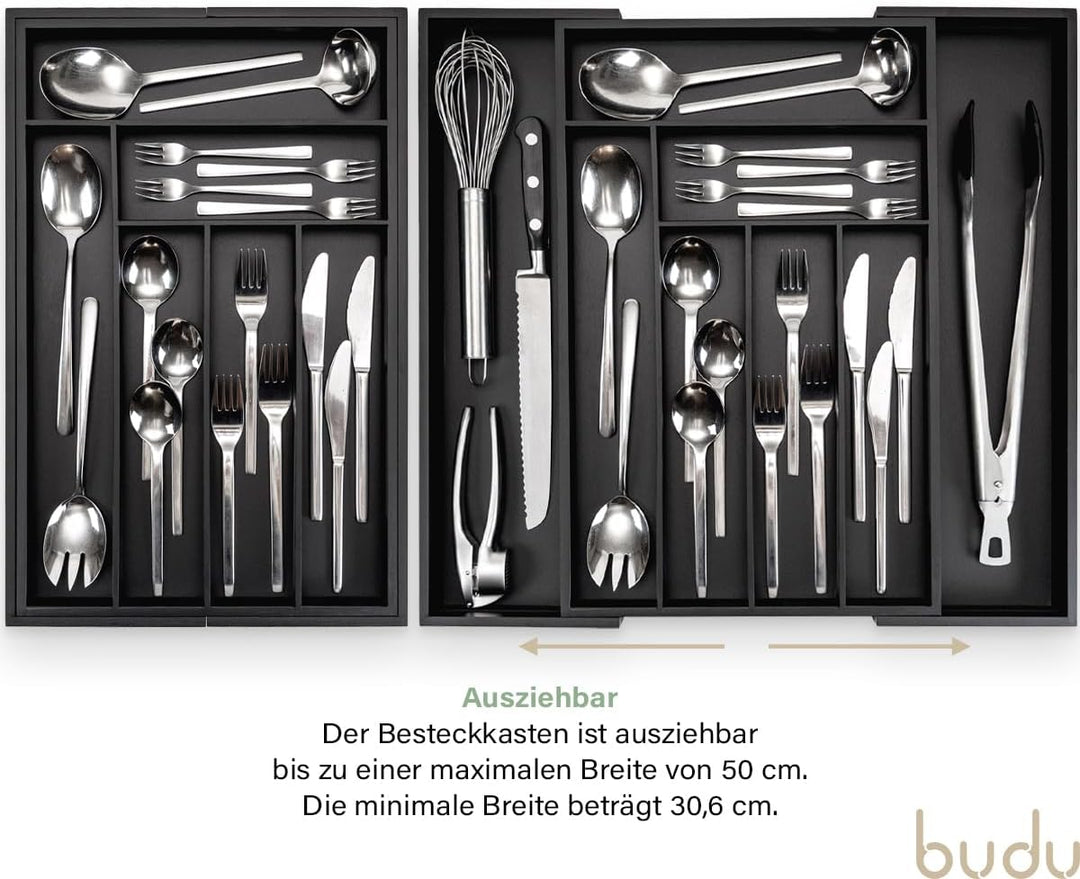 budu Besteckkasten #47 (Tiefe 47cm) aus Bambus - Schwarz - Schubladen Ordnungssystem für die Küche -