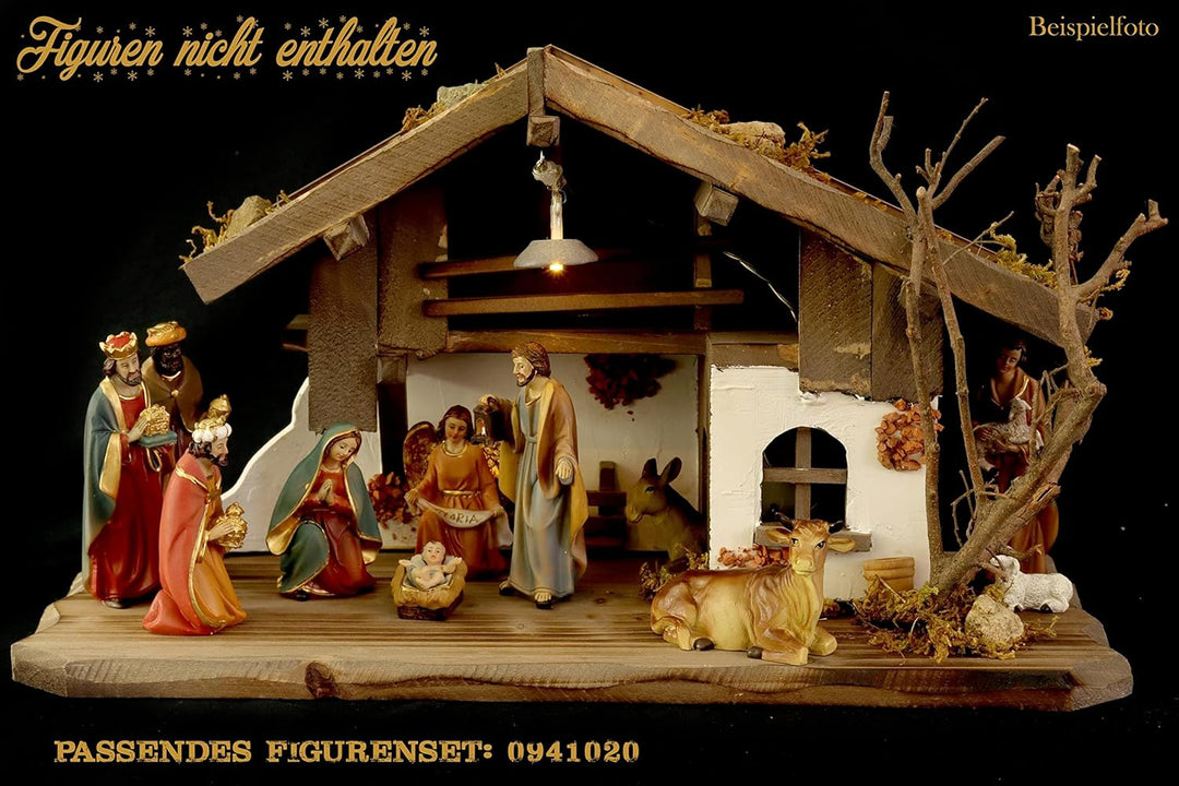 ELLUG Holz Krippenstall, Weihnachtskrippe mit Licht 38 * 18 * 21cm (OHNE Krippenfiguren) aus Holz, f