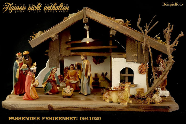 ELLUG Holz Krippenstall, Weihnachtskrippe mit Licht 38 * 18 * 21cm (OHNE Krippenfiguren) aus Holz, f