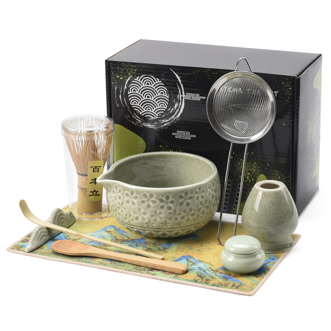 9‑in‑1 Matcha Set mit Matchaschale (560ml), Glas, Bambusbesen, Bambuslöffel, Sieb & Teematte – Japan