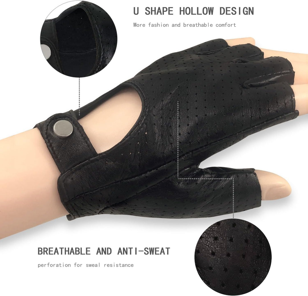 ZLUXURQ Herren-Lederhandschuhe Vollmaschige Fingerlose Halbfinger-Fahrhandschuhe, Large-9.5" Schwarz