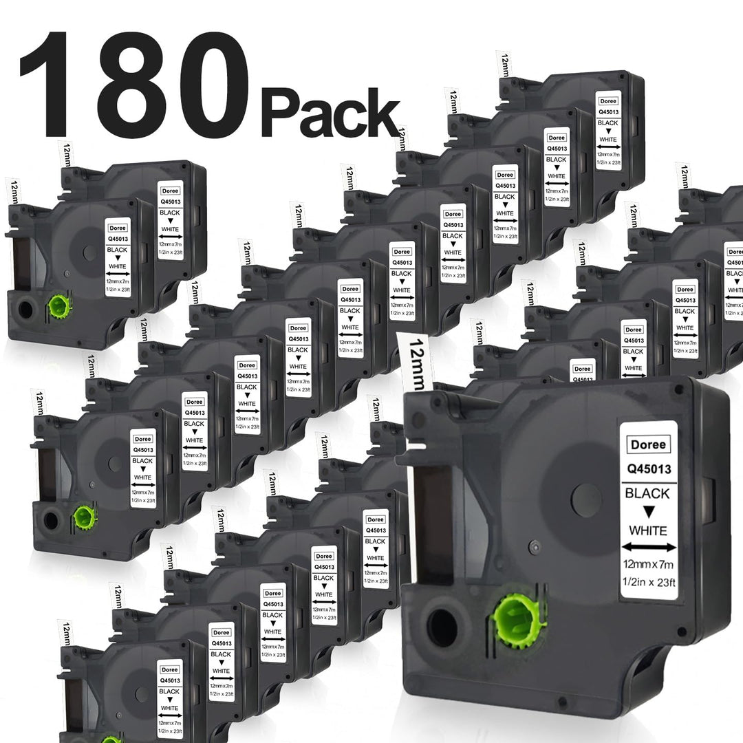 DOREE 180 Pack Etikettenband 45013 12mm x 7m Schwarz auf Weiss Kompatibel mit Dymo D1 12mm Wasser-un