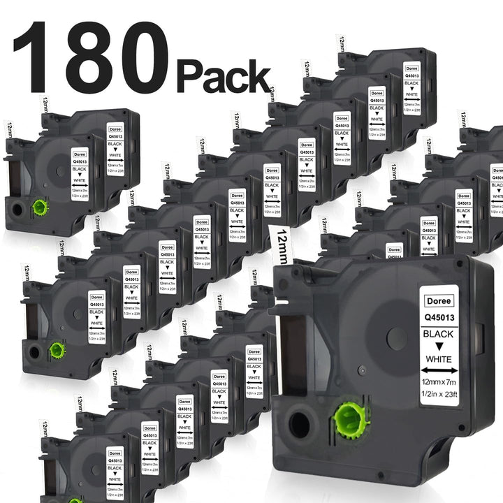 DOREE 180 Pack Etikettenband 45013 12mm x 7m Schwarz auf Weiss Kompatibel mit Dymo D1 12mm Wasser-un