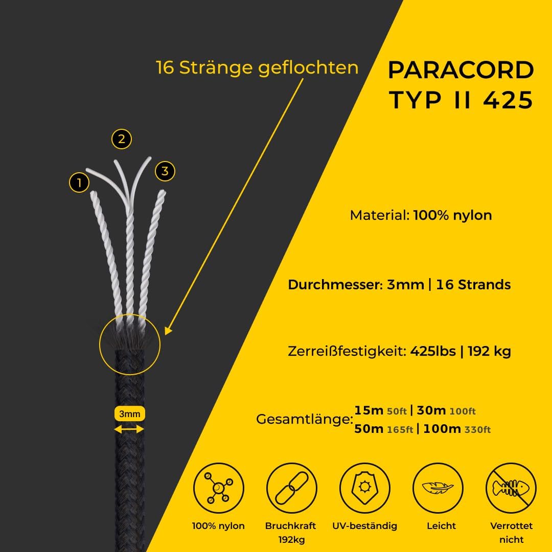 EdcX 3mm Nylon Paracord 425 (15, 30, 50 und 100m) - Typ II, 100% Nylonseil, 3 Litzen Seil, 3mm Nylon