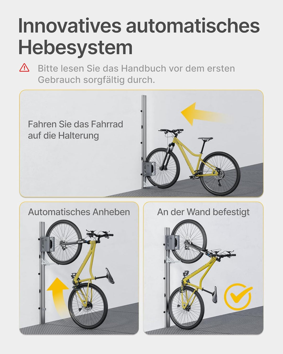monTEK Automatischer Fahrradlift – Vertikaler Fahrradträger für schwere Fahrräder (bis 32 kg) – plat