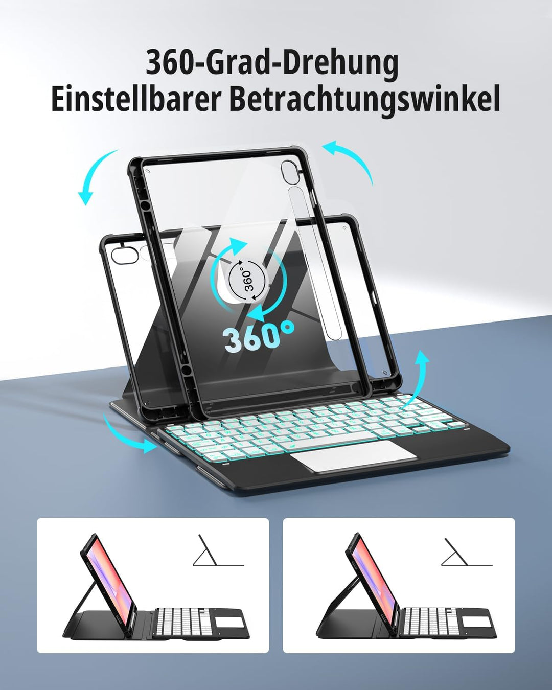 CACOE 360° Drehbare Hülle mit Tastatur für Samsung Galaxy Tab S10 Lite / S10 FE / S9 FE / S9 10.9/11