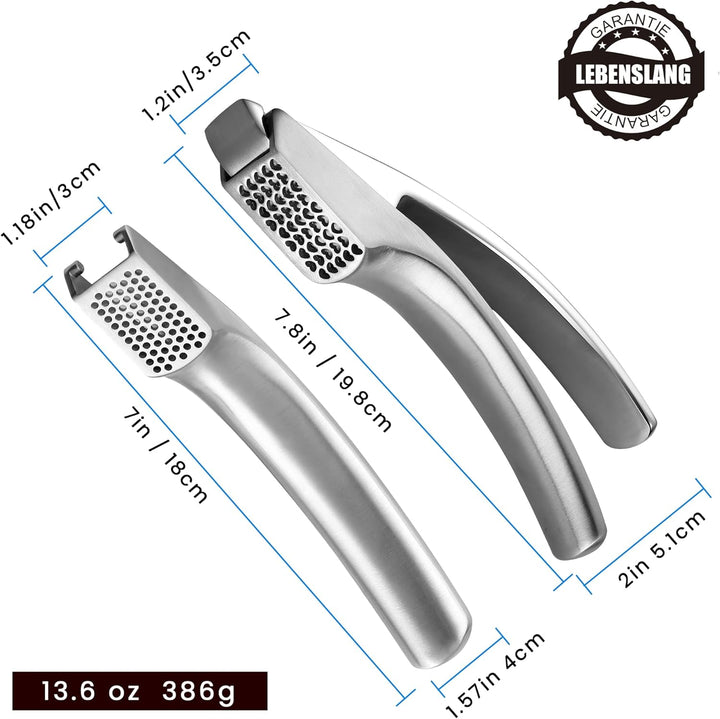 Knoblauchpresse Edelstahl Set mit 2 Aufsätzen | Knoblauch Presse für Knoblauchpaste &amp; Stücke | Garli