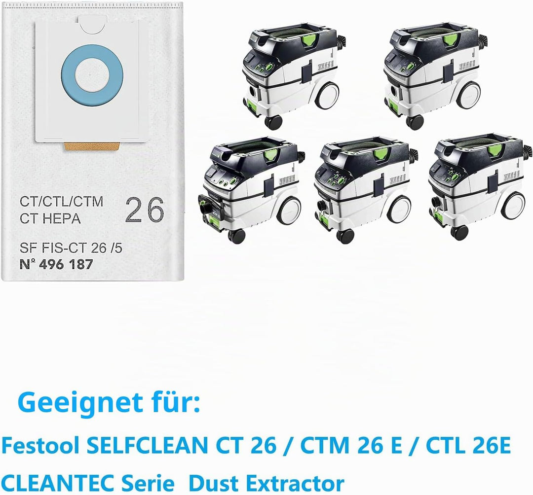 8 Stück Beutel Zubehör Kompatibel mit Festool SELFCLEAN CT 26/CTM 26 E/CTL 26E CLEANTEC Series Absau