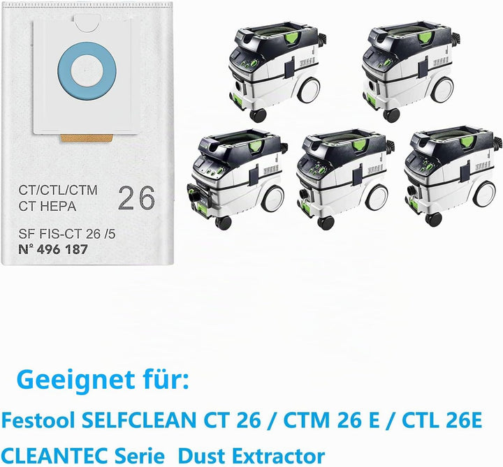 8 Stück Beutel Zubehör Kompatibel mit Festool SELFCLEAN CT 26/CTM 26 E/CTL 26E CLEANTEC Series Absau