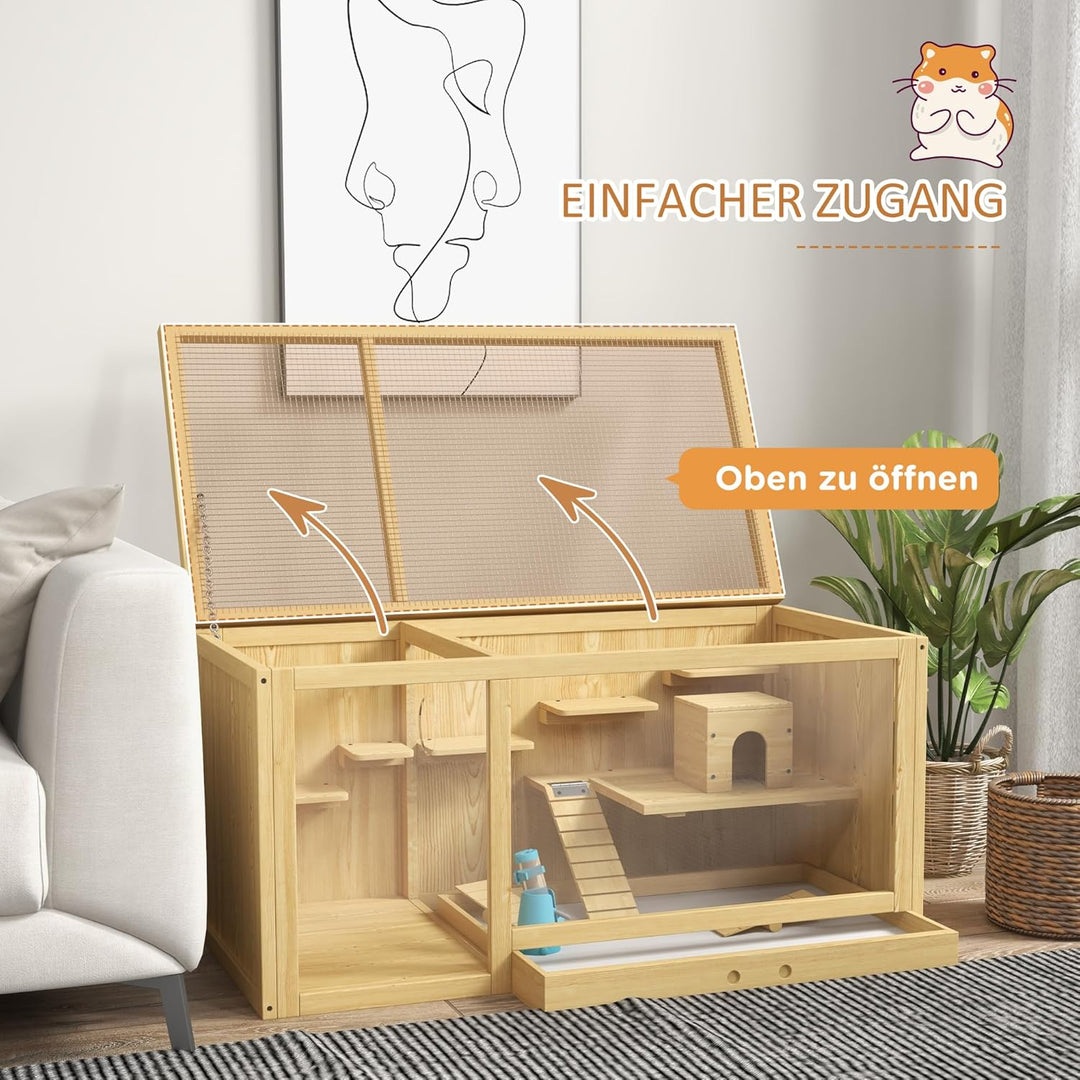 PawHut Hamsterkäfig aus Holz, 100 cm Kleintierstall, Kleintierkäfig Spielhaus für Gerbils Nagerkäfig