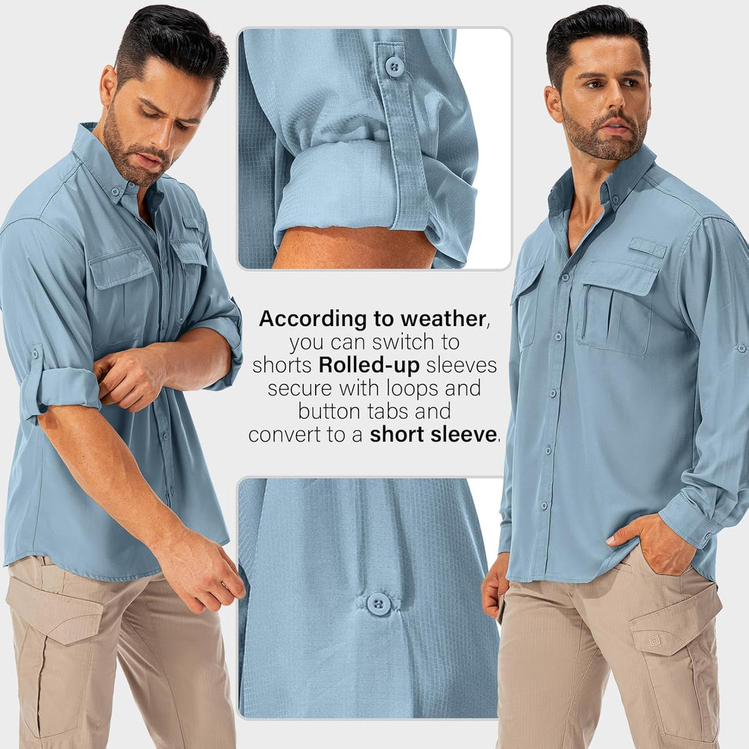 Asfixiado Hemd Herren Safari UPF50+ UV Schutz Wanderhemd Herren Langarm Funktionshemd Outdoorhemd At