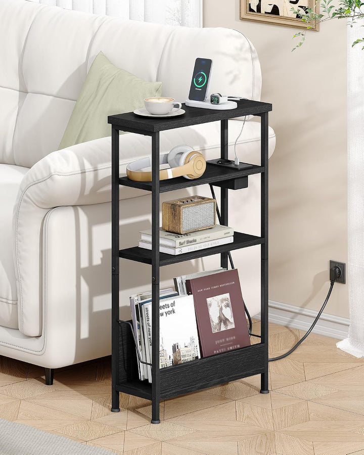 Hzuaneri Beistelltisch Schmal, 4-Stufiger Beistelltisch Couch mit Zeitschriftenhalter und Ladesteckd