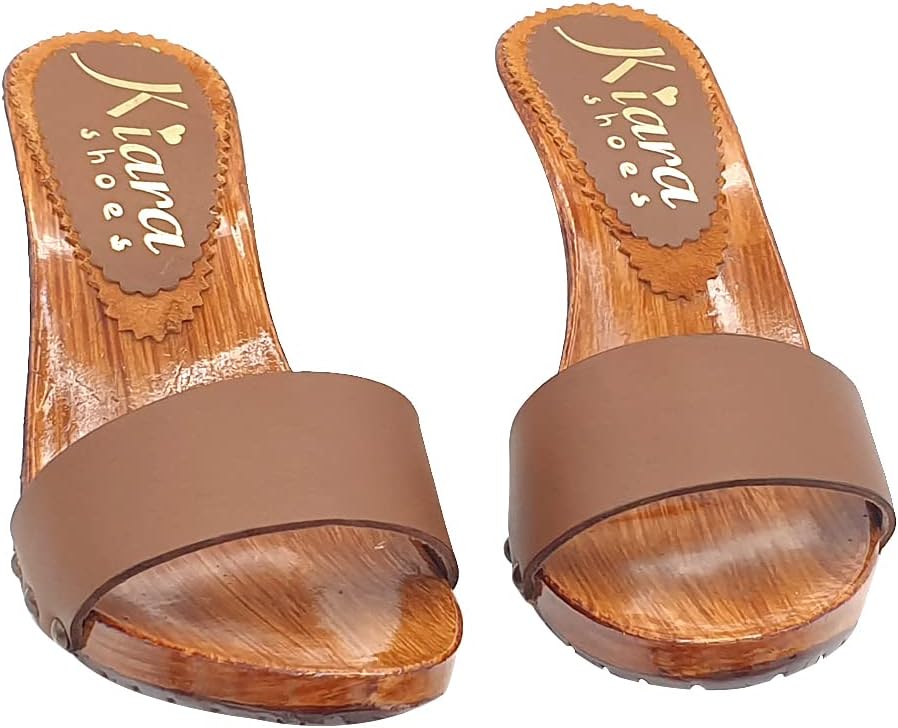 Kiara Shoes Damen Clogs mit sexy Absatz und Lederband Made in Italy - K6102 Cuoio (40, BRAUN) 40 EU