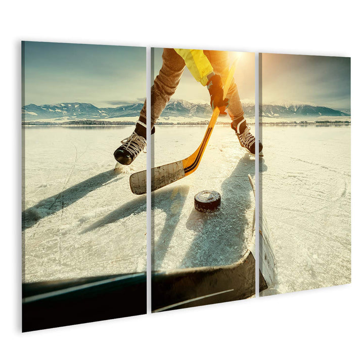 islandburner Bild auf Leinwand Eishockey Spiel Moment Gefrorener See Bilder Wandbilder Poster Leinwa