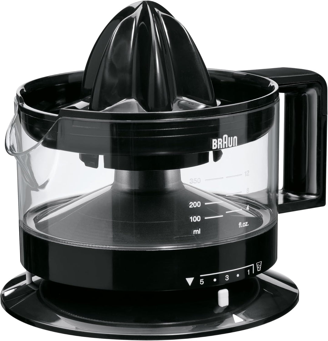 Braun CJ3000 BK Zitruspresse mit Schale präzisionskalibrierung 350 ml, Anzahl Fruchtfleisch dimmbar,