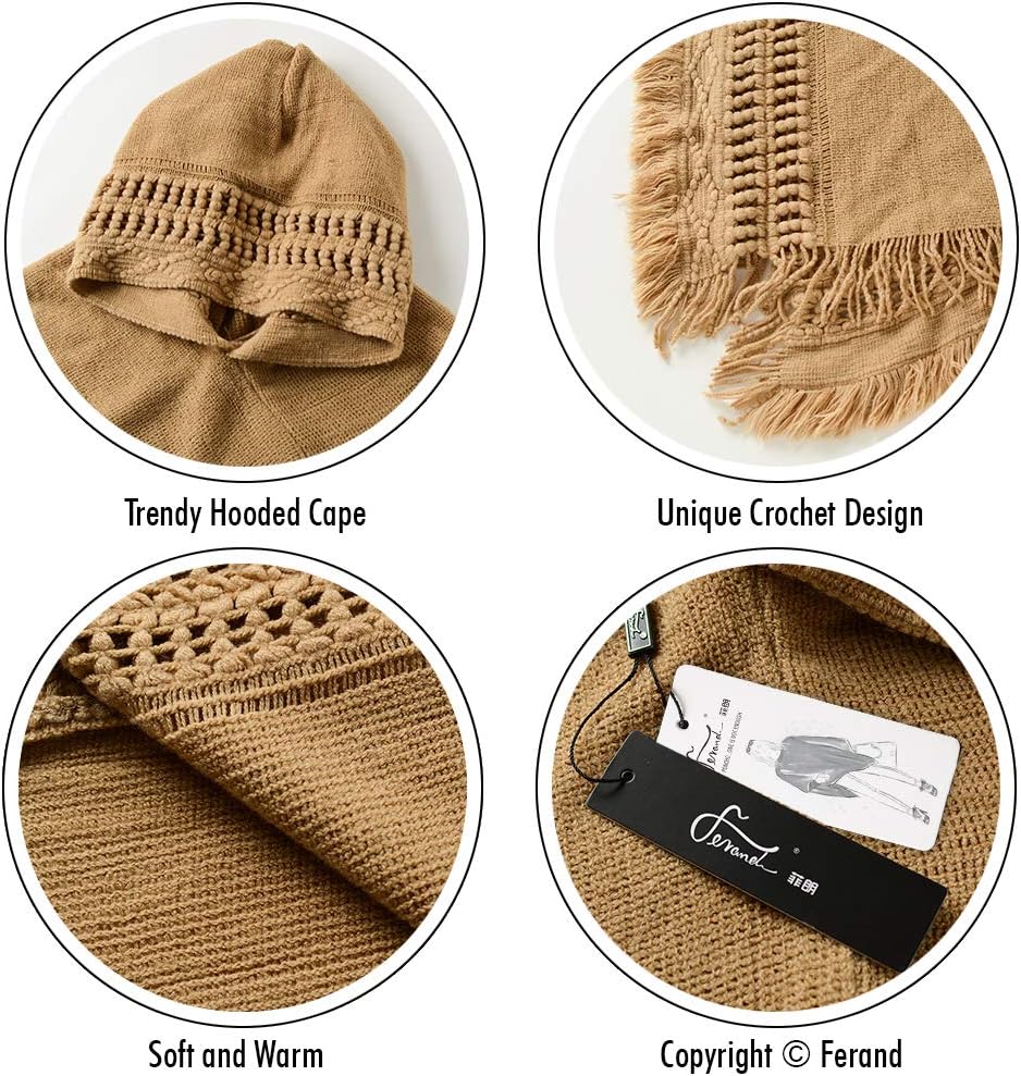 Ferand Damen Poncho mit Kapuze und gehäkeltem Cape mit Fransensaum für Herbst Winter Einheitsgrösse