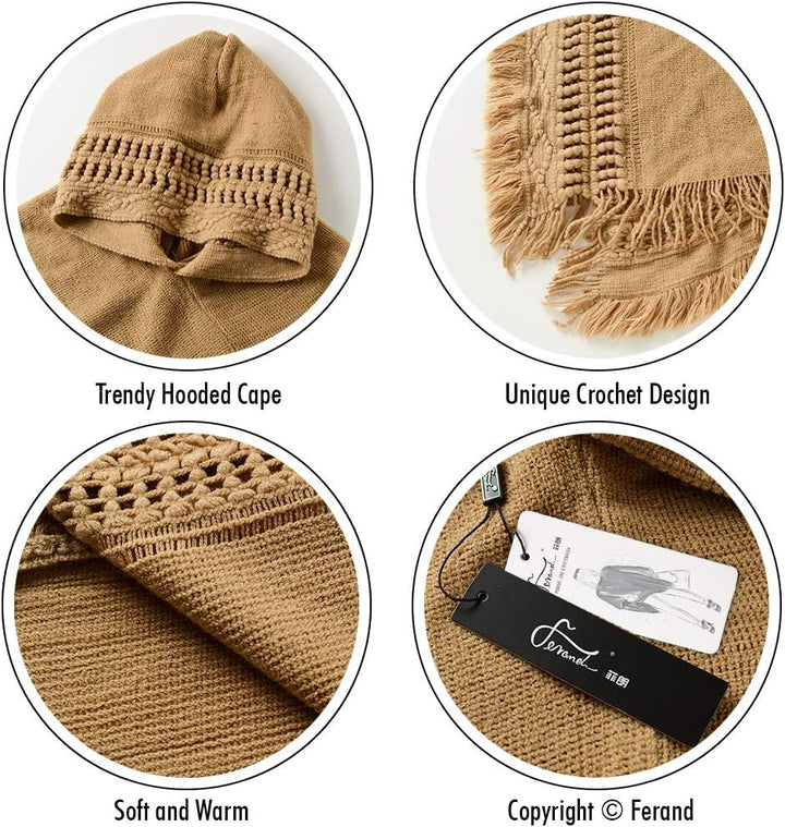 Ferand Damen Poncho mit Kapuze und gehäkeltem Cape mit Fransensaum für Herbst Winter Einheitsgrösse