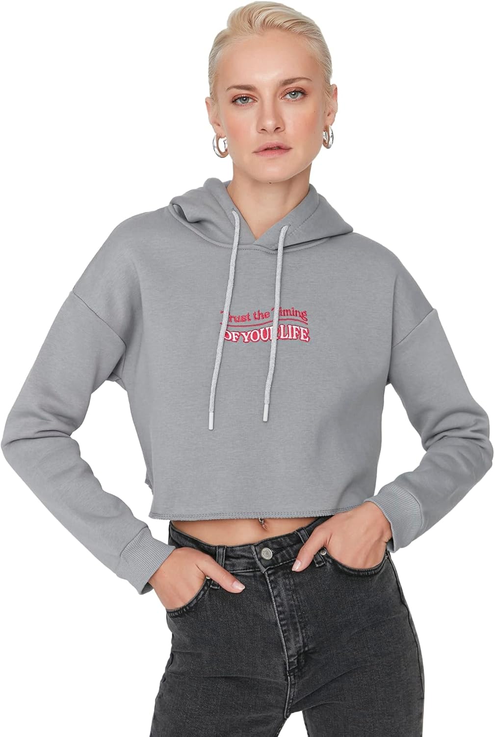 TRENDYOL Damen Hood with Slogan Schnitt Sweatshirt XS Gray, XS Gray