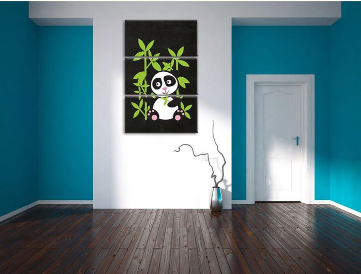 Pixxprint Süsser Panda mit Bambus als Leinwandbild/Grösse: 3 Teilig (120x80) cm/Wandbild/Kunstdruck/