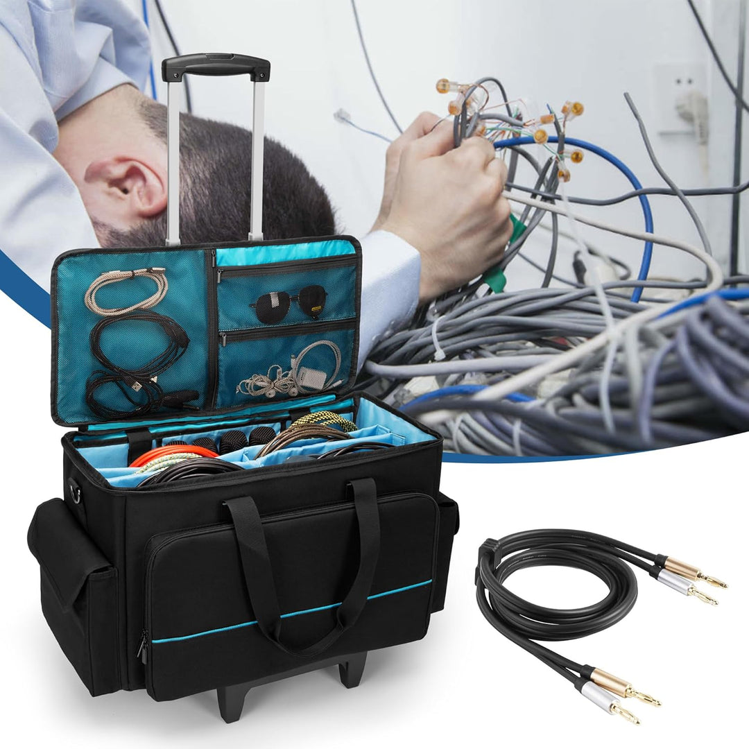 Rollbare DJ-Kabeltasche mit abnehmbarem Trolley und Trennwand, gepolsterte Gigbag mit grossem Fassun