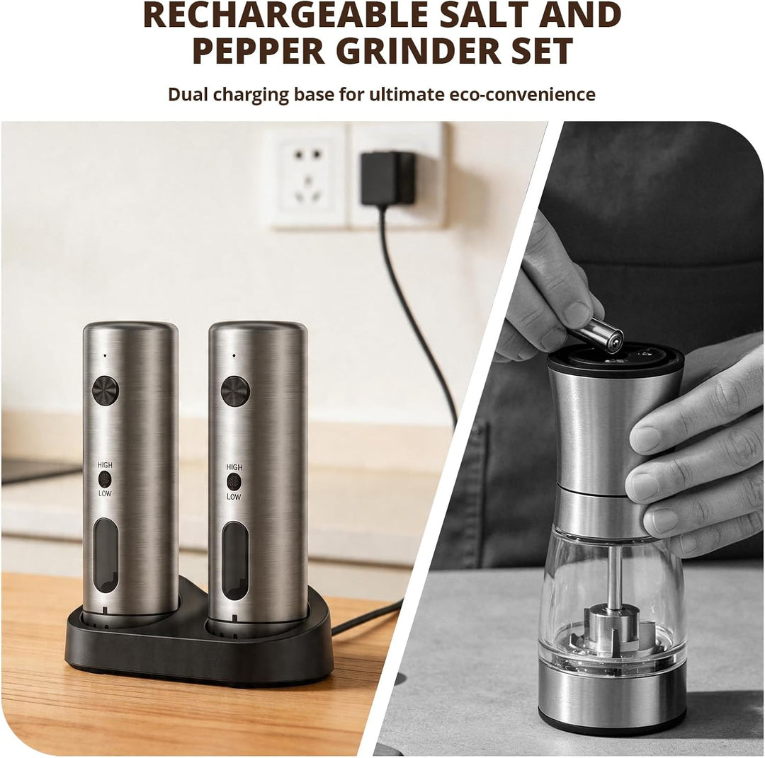 Salz und Pfeffermühle Elektrisch Set, HZTzone USB-C Wiederaufladbar Gewürzmühle mit Ladestation, Ker